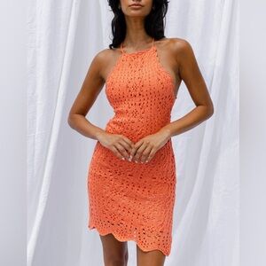 Selfie Leslie Boracay Halterneck Tie-Up Back Crochet Mini Dress Tangerine